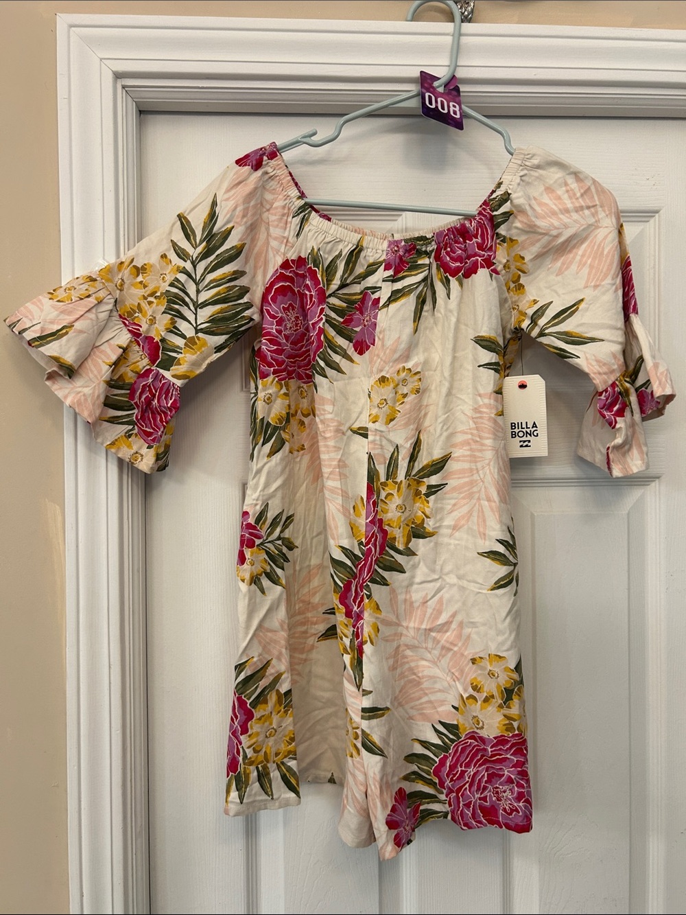 Billabong Floral Off-Shoulder jumpsuit in cream, floral Pink and Yellow